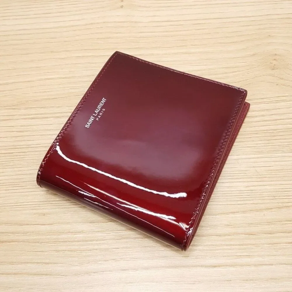 SAINT LAURENT Billfold Wallet Mens Dark Red Patent Leather East West Bifold